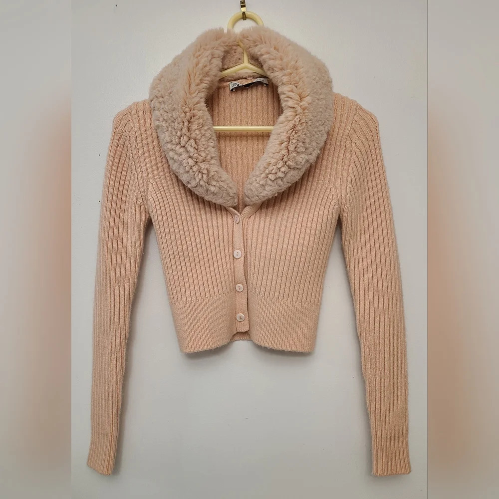 Zara Pink Cardigan With Faux Fur, Size S